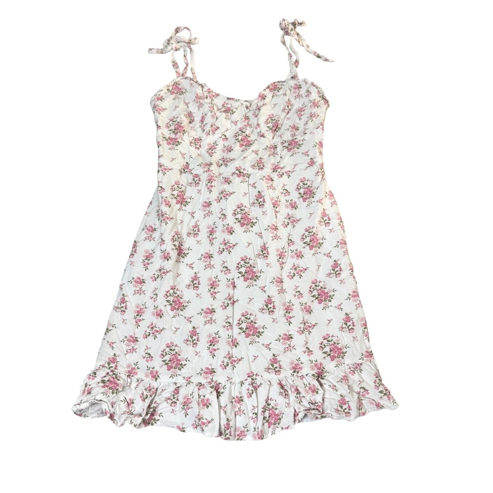 Hollister Floral Mini Dress S‎ Bow Strap Ruffle Fairycore Soft Girl White Pink